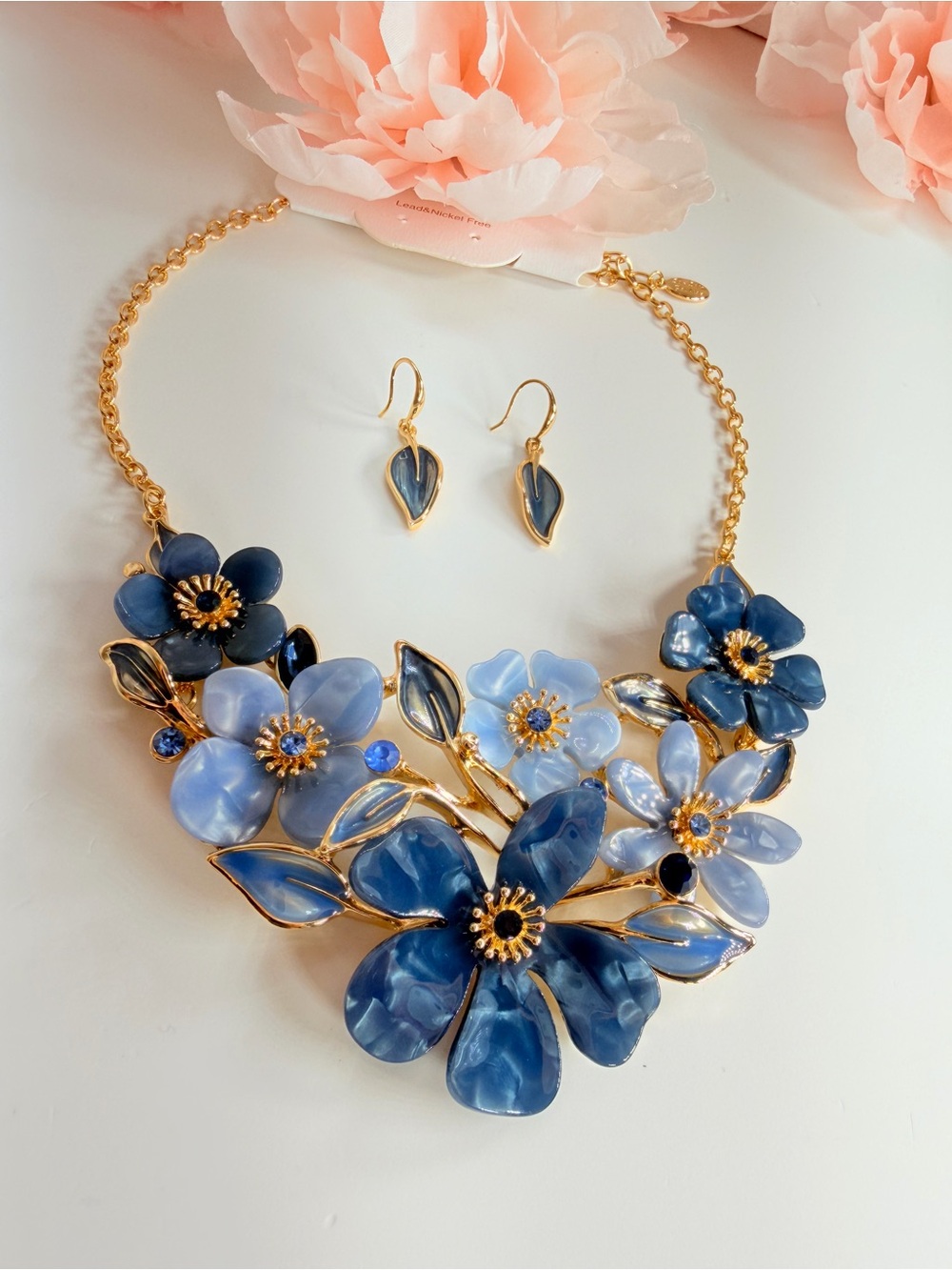 Gold-Tone Blue Floral Statement Necklace & Earring Set